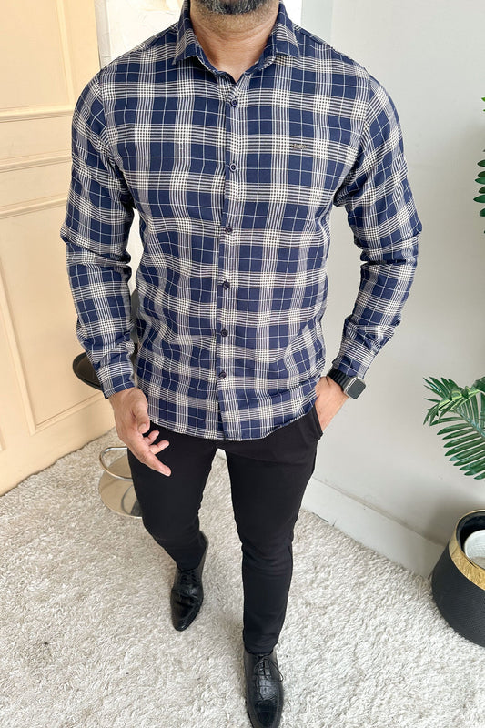 Turbo Plaid Pattern Creation Long Sleeve Cotton Casual Shirt In Navy Blue