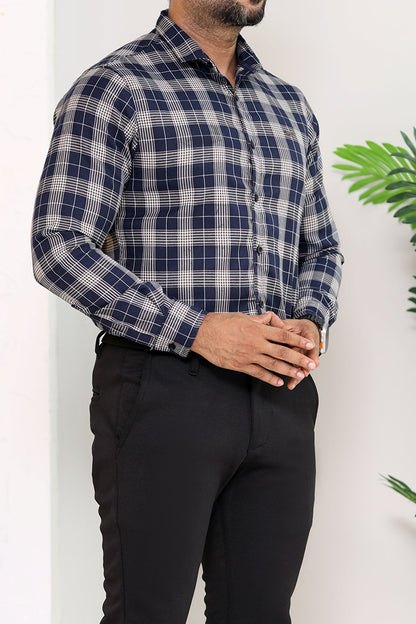 Turbo Plaid Pattern Creation Long Sleeve Cotton Casual Shirt In Navy Blue