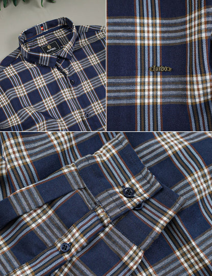 Turbo Tattersall Checkered Long Sleeve Cotton Casual Shirt In Navy Blue