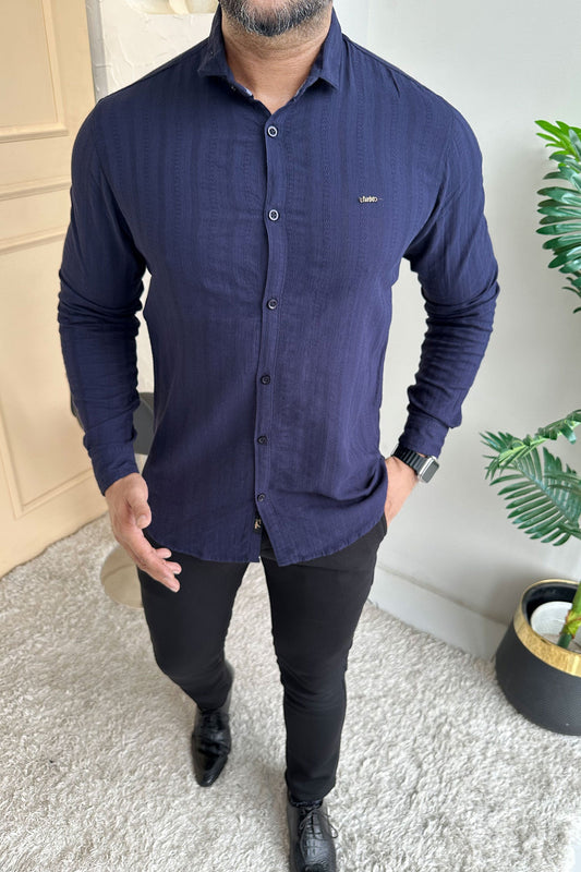 Turbo Self Stripe Motif Long Sleeve Cotton Casual Shirt In Navy Blue