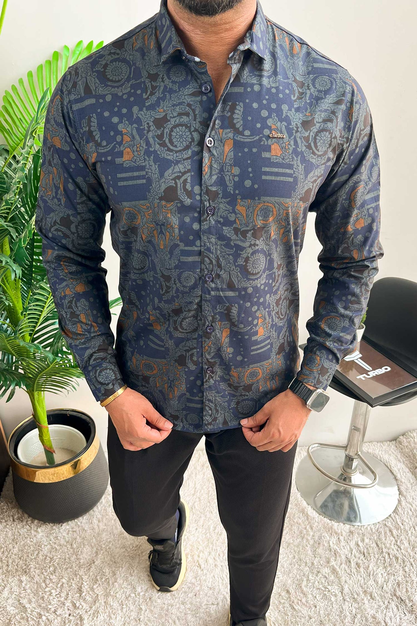 Turbo Retro Flower Motif Long Sleeve Cotton Casual Shirt In Blue