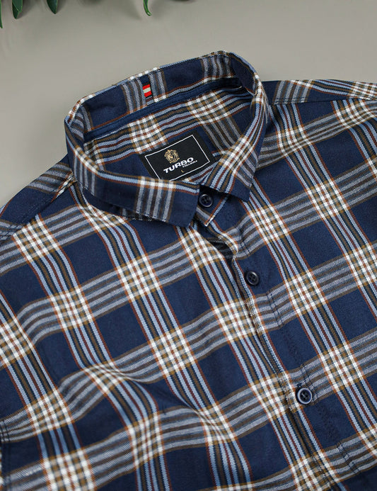 Turbo Tattersall Checkered Long Sleeve Cotton Casual Shirt In Navy Blue