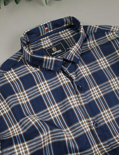 Turbo Tattersall Checkered Long Sleeve Cotton Casual Shirt In Navy Blue