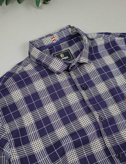 Turbo Plaid Pattern Creation Long Sleeve Cotton Casual Shirt In Navy Blue