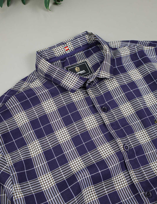 Turbo Plaid Pattern Creation Long Sleeve Cotton Casual Shirt In Navy Blue