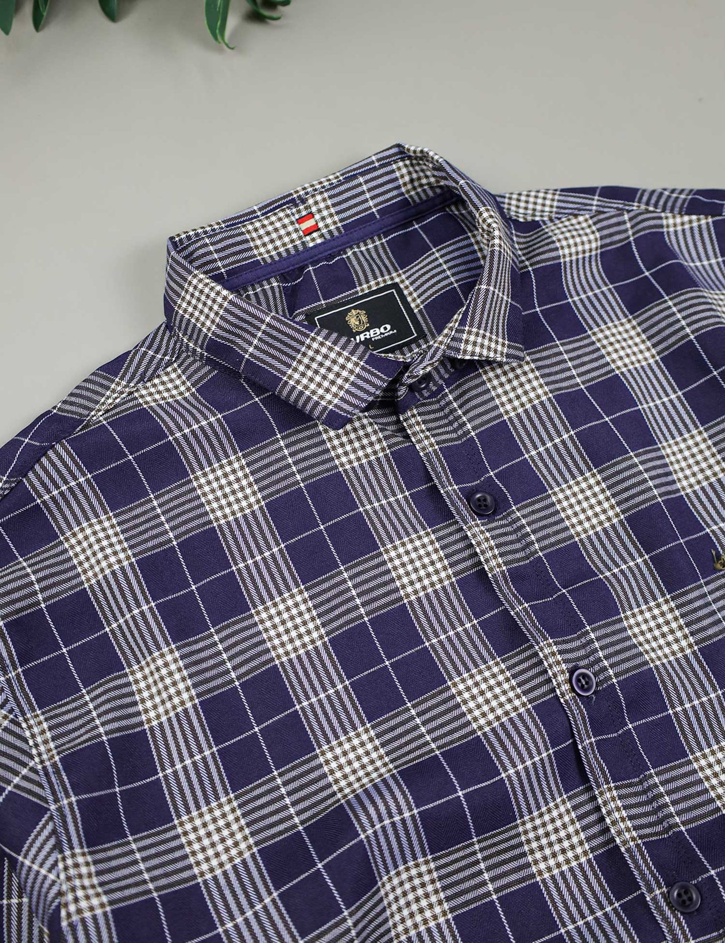 Turbo Plaid Pattern Creation Long Sleeve Cotton Casual Shirt In Navy Blue