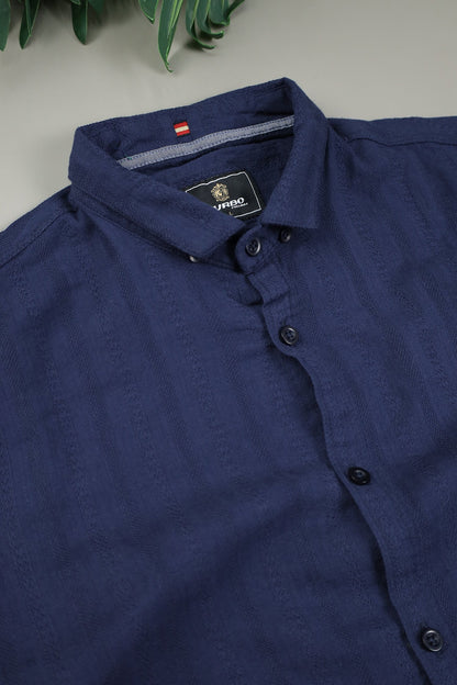 Turbo Self Stripe Motif Long Sleeve Cotton Casual Shirt In Navy Blue