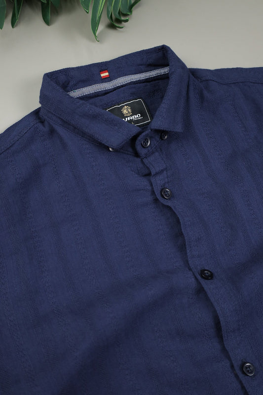Turbo Self Stripe Motif Long Sleeve Cotton Casual Shirt In Navy Blue