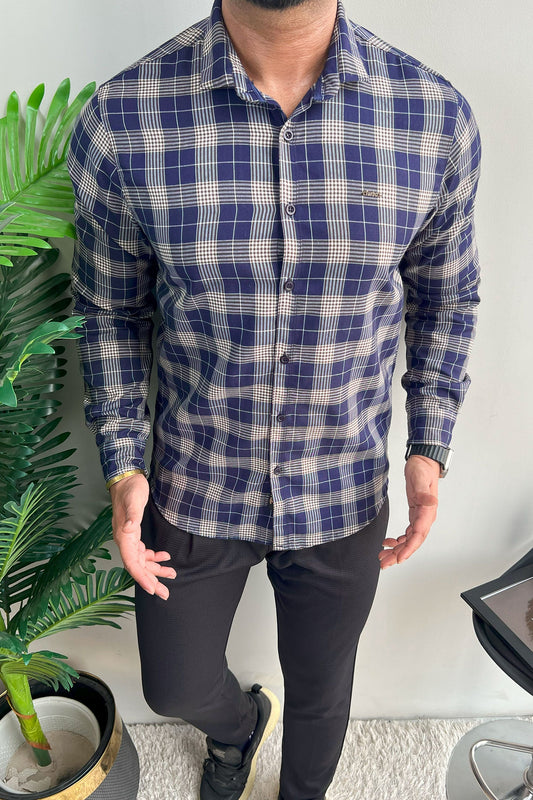 Turbo Plaid Pattern Creation Long Sleeve Cotton Casual Shirt In Navy Blue
