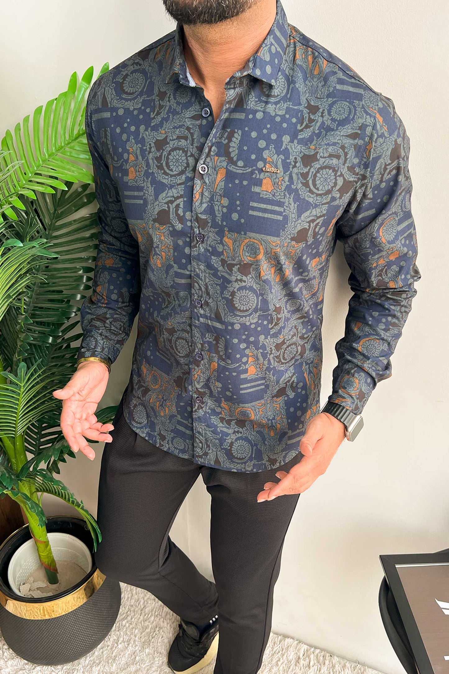 Turbo Retro Flower Motif Long Sleeve Cotton Casual Shirt In Blue