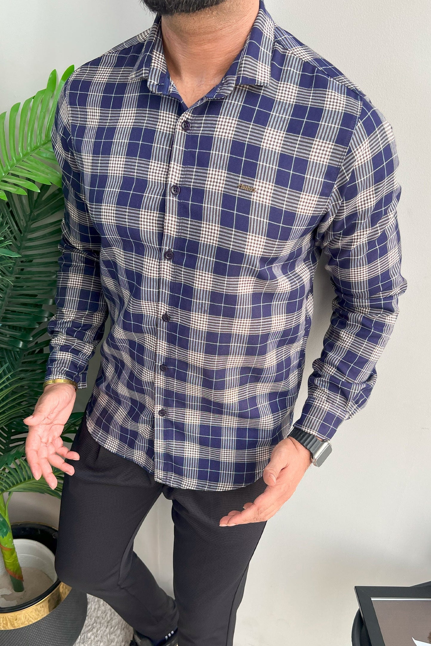 Turbo Plaid Pattern Creation Long Sleeve Cotton Casual Shirt In Navy Blue