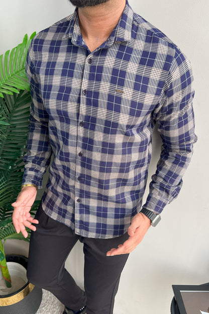 Turbo Plaid Pattern Creation Long Sleeve Cotton Casual Shirt In Navy Blue