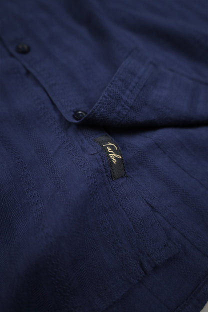 Turbo Self Stripe Motif Long Sleeve Cotton Casual Shirt In Navy Blue