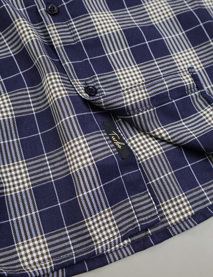 Turbo Plaid Pattern Creation Long Sleeve Cotton Casual Shirt In Navy Blue