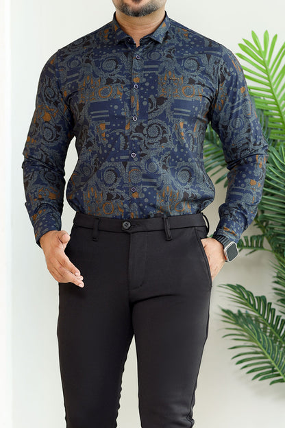 Turbo Retro Flower Motif Long Sleeve Cotton Casual Shirt In Blue