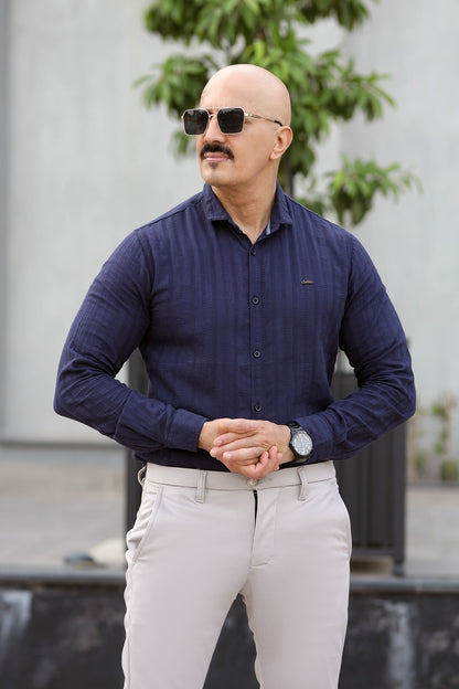 Turbo Self Stripe Motif Long Sleeve Cotton Casual Shirt