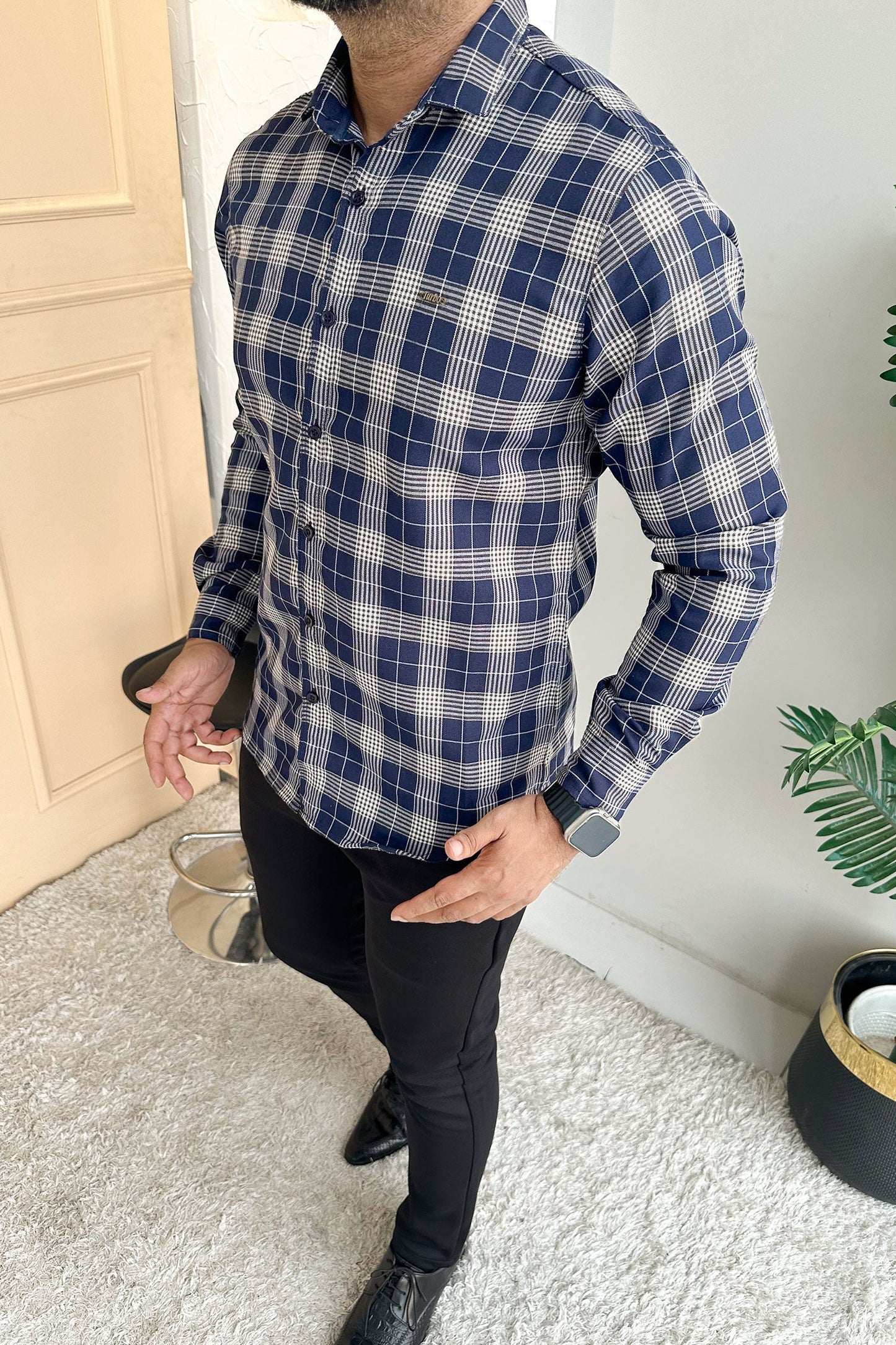 Turbo Plaid Pattern Creation Long Sleeve Cotton Casual Shirt In Navy Blue