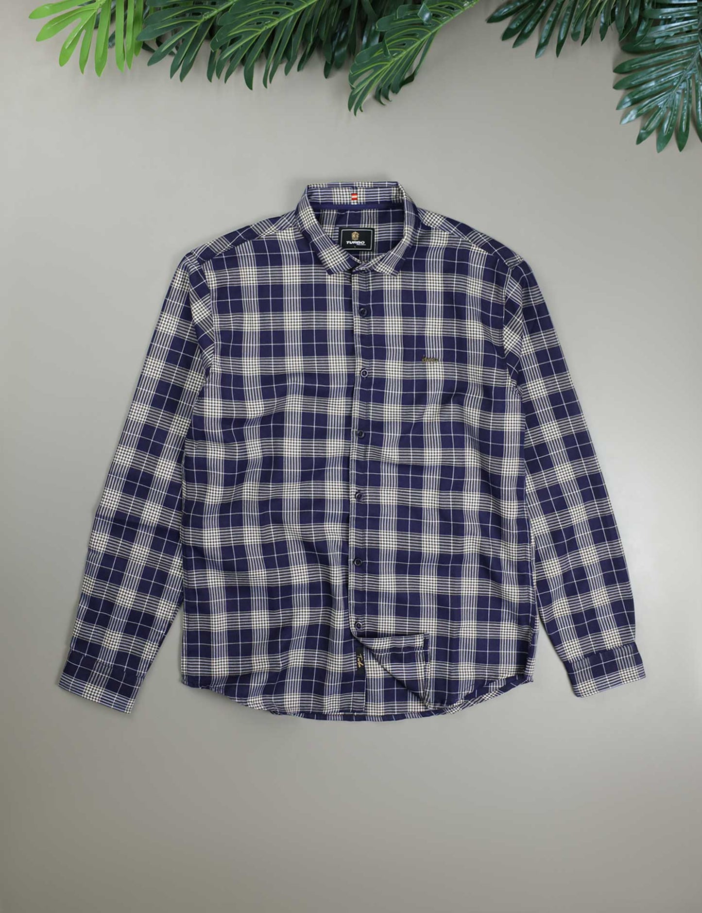 Turbo Plaid Pattern Creation Long Sleeve Cotton Casual Shirt In Navy Blue
