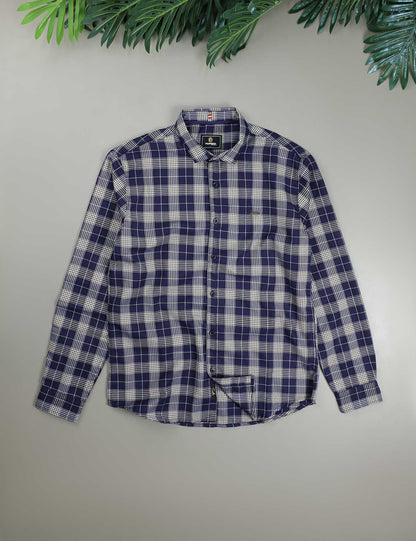Turbo Plaid Pattern Creation Long Sleeve Cotton Casual Shirt In Navy Blue
