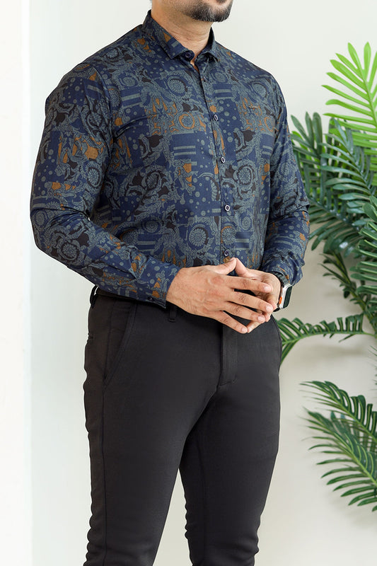 Turbo Retro Flower Motif Long Sleeve Cotton Casual Shirt In Blue