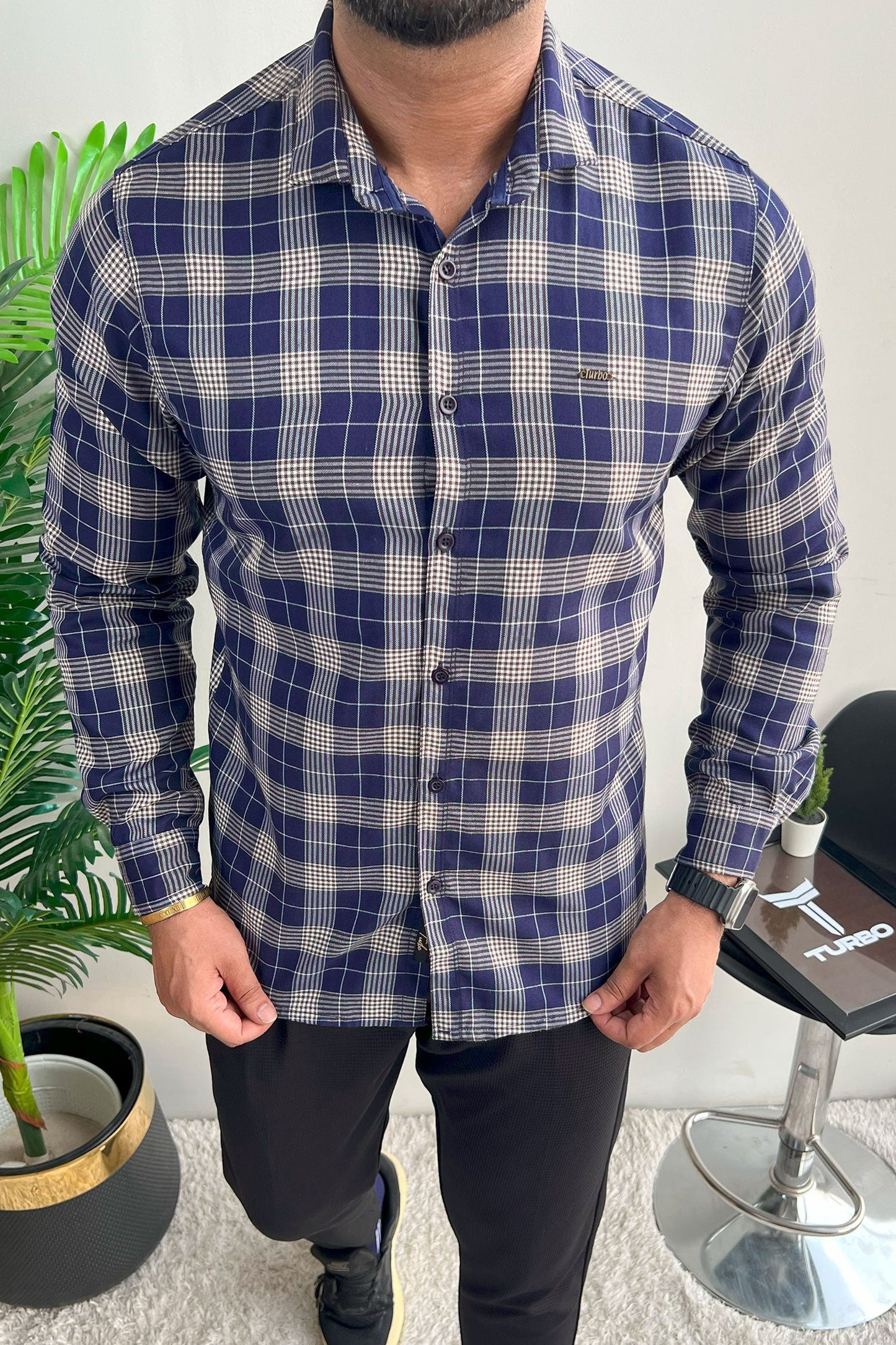 Turbo Plaid Pattern Creation Long Sleeve Cotton Casual Shirt In Navy Blue
