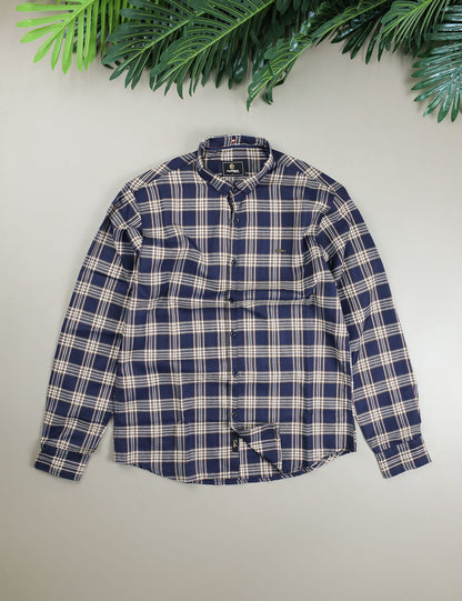 Turbo Tattersall Checkered Long Sleeve Cotton Casual Shirt In Navy Blue