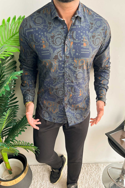 Turbo Retro Flower Motif Long Sleeve Cotton Casual Shirt In Blue