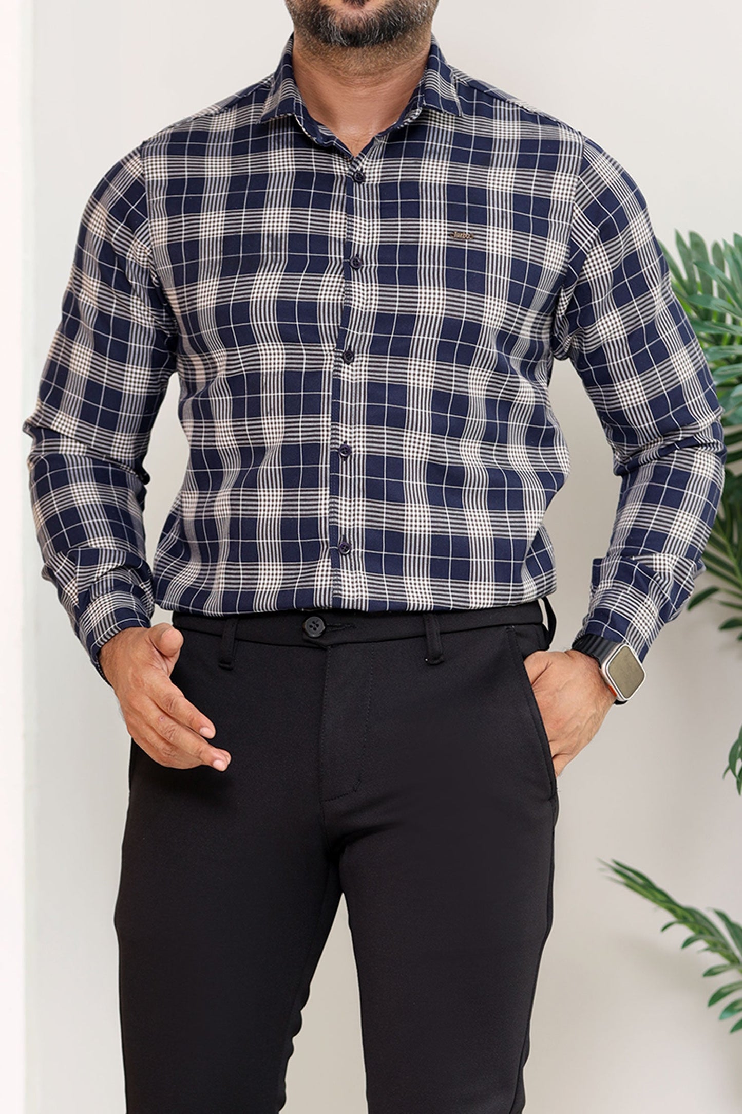 Turbo Plaid Pattern Creation Long Sleeve Cotton Casual Shirt In Navy Blue