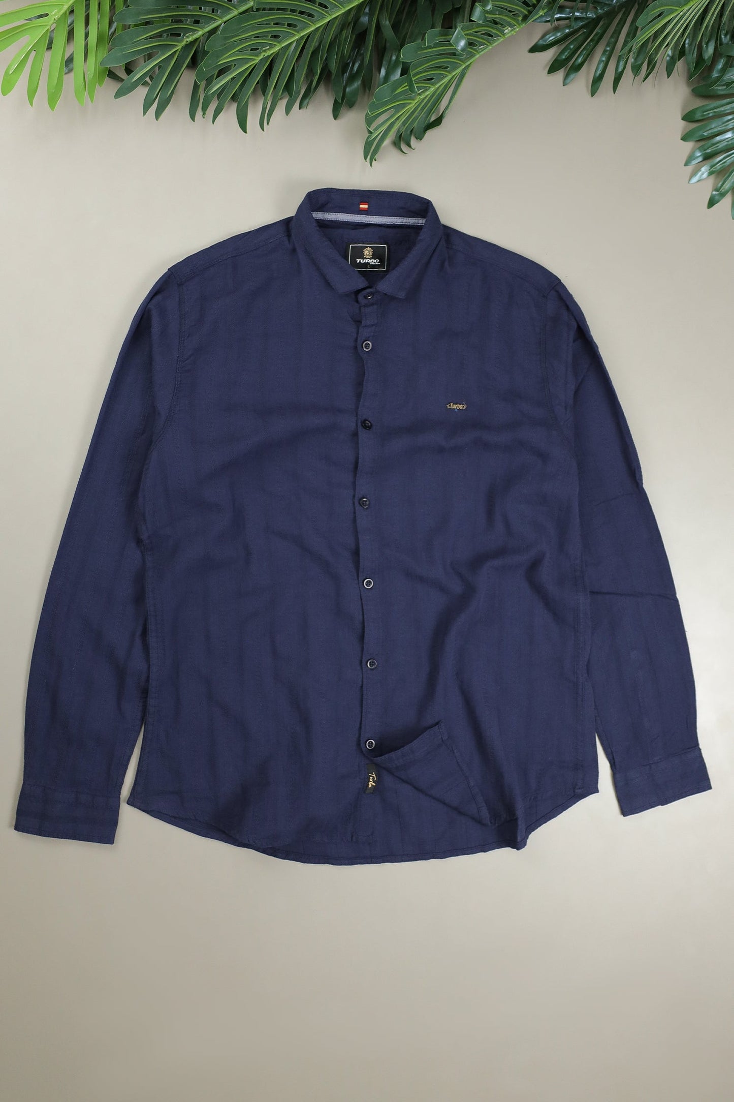 Turbo Self Stripe Motif Long Sleeve Cotton Casual Shirt In Navy Blue