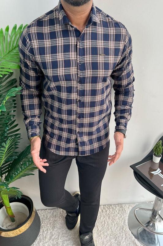 Turbo Tattersall Checkered Long Sleeve Cotton Casual Shirt In Navy Blue
