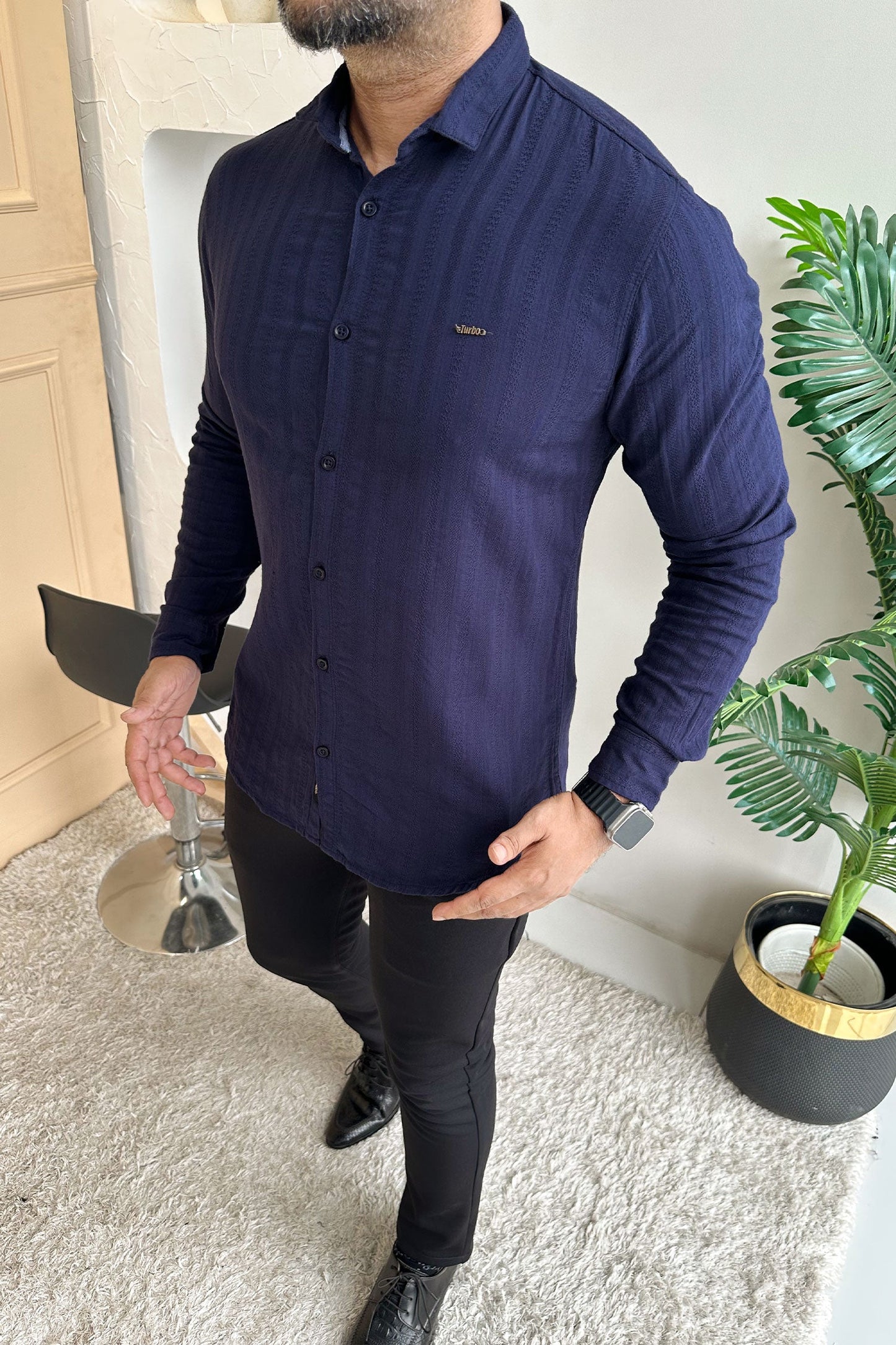 Turbo Self Stripe Motif Long Sleeve Cotton Casual Shirt In Navy Blue