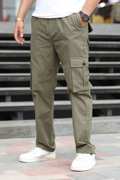 Turbo's 6 Pockets Loose Bottom Cargo Trouser In Olive Green