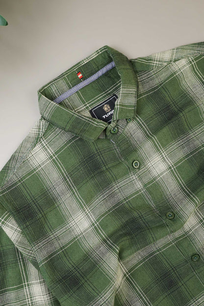 Turbo Tribe Premium Flannel Long Sleeve Cotton Casual Shirt In Olive Green