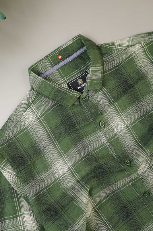 Turbo Tribe Premium Flannel Long Sleeve Cotton Casual Shirt In Olive Green