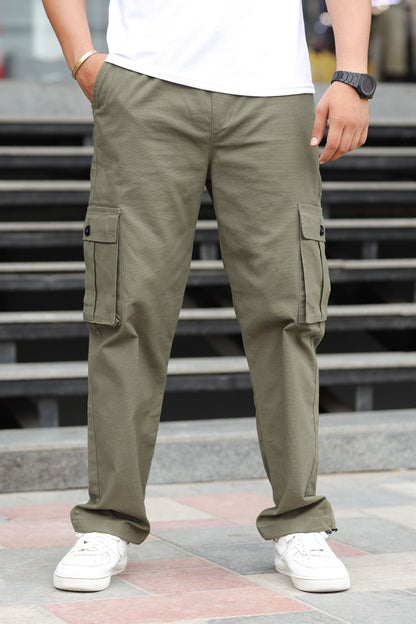 Turbo's 6 Pockets Loose Bottom Cargo Trouser In Olive Green