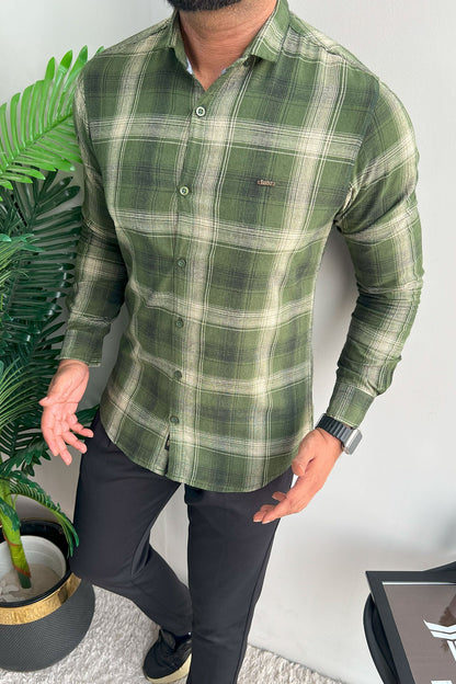 Fabrico Premium Flannel Long Sleeve Cotton Casual Shirt In Olive Green