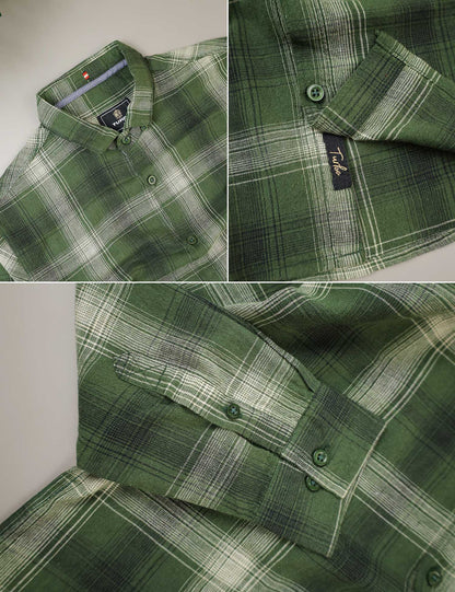 Turbo Tribe Premium Flannel Long Sleeve Cotton Casual Shirt In Olive Green