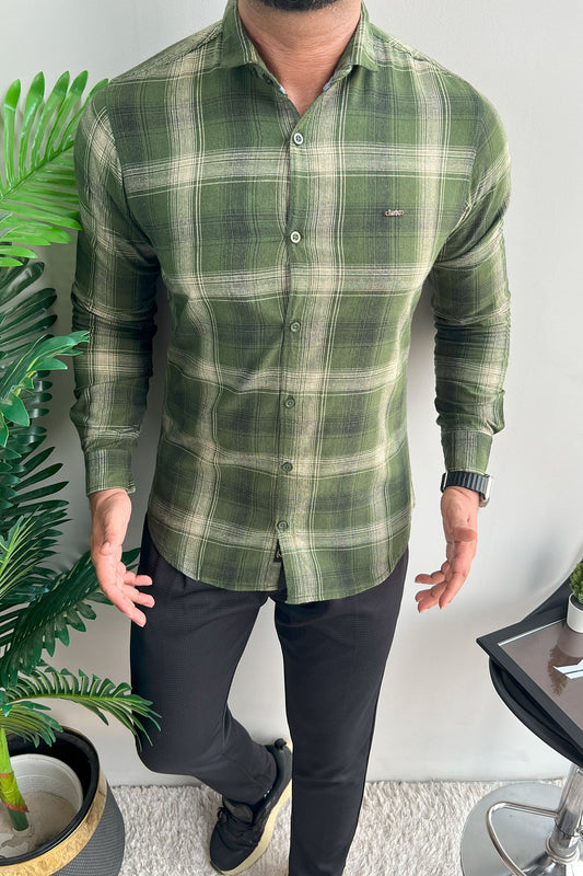 Fabrico Premium Flannel Long Sleeve Cotton Casual Shirt In Olive Green