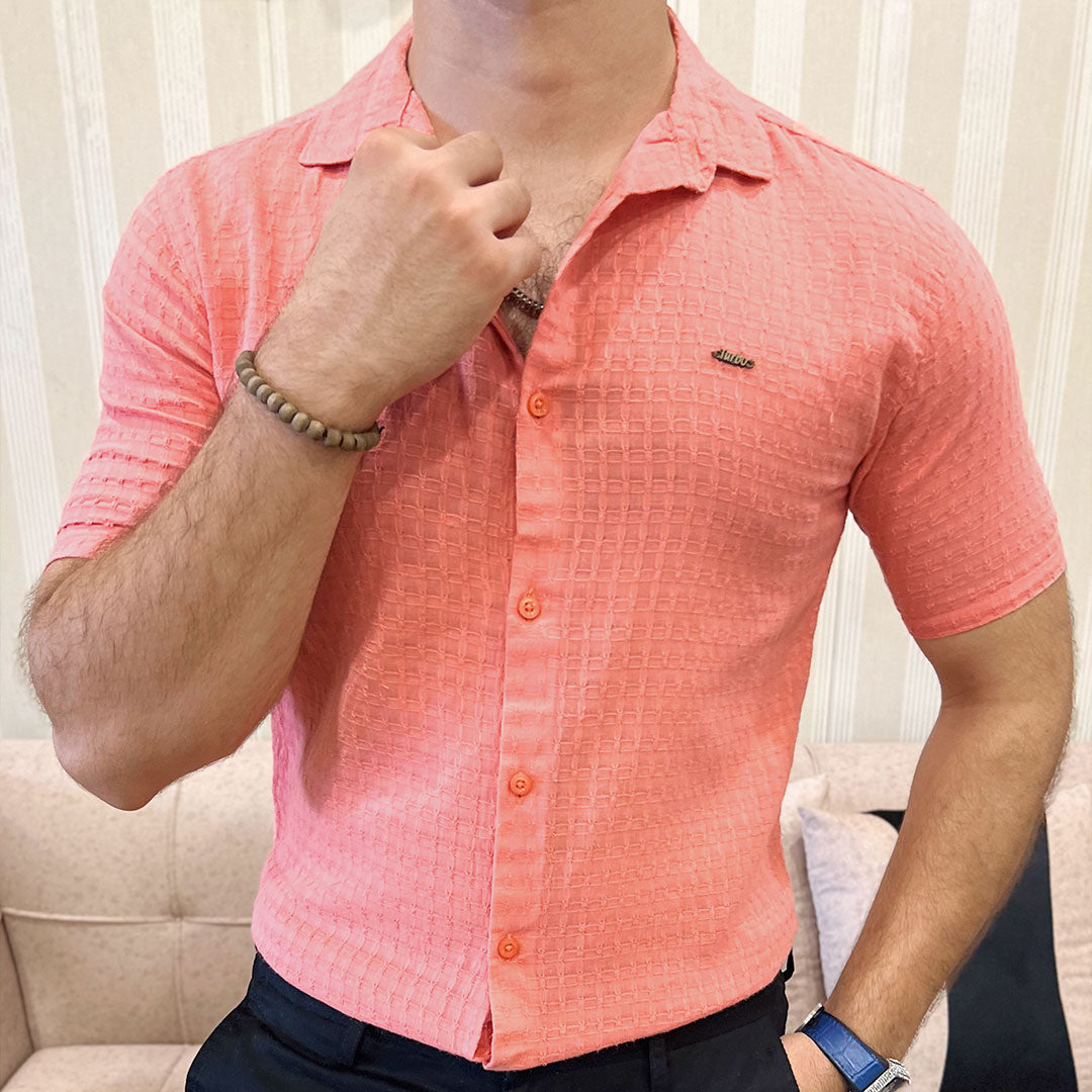 Turbo Designer Motif Embossed Casual Shirt In Pastel Pink