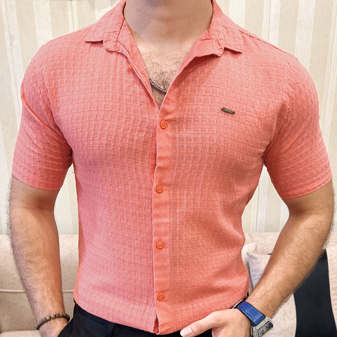 Turbo Designer Motif Embossed Casual Shirt In Pastel Pink