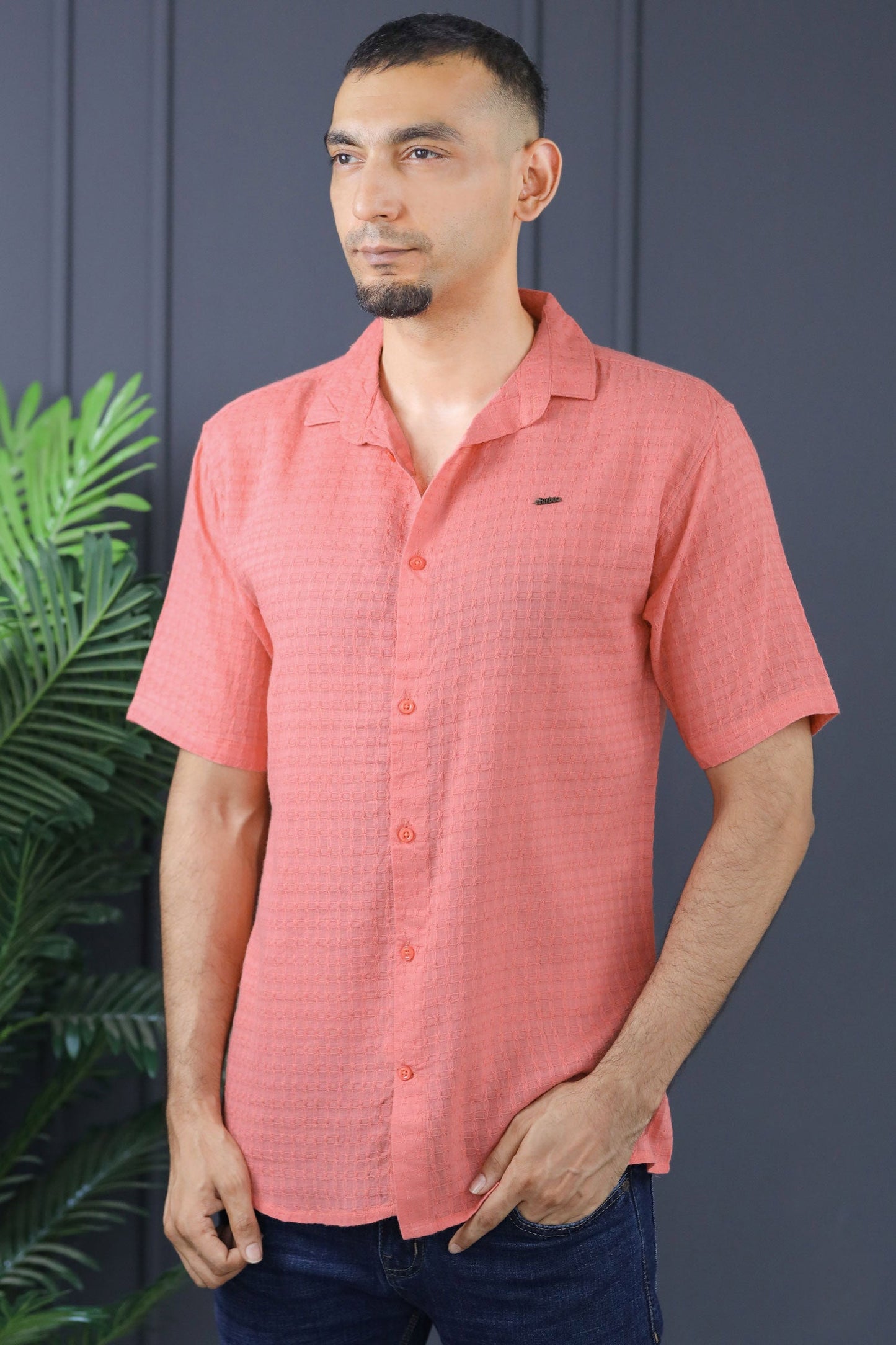 Turbo Designer Motif Embossed Casual Shirt In Pastel Pink