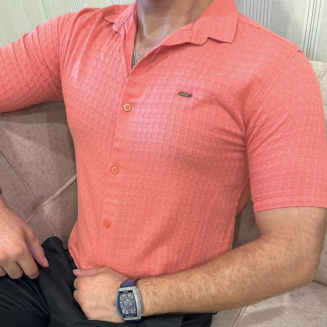 Turbo Designer Motif Embossed Casual Shirt In Pastel Pink