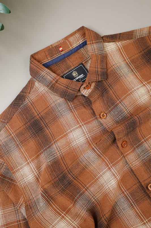 Turbo Tribe Premium Flannel Long Sleeve Cotton Casual Shirt In Rust Brown