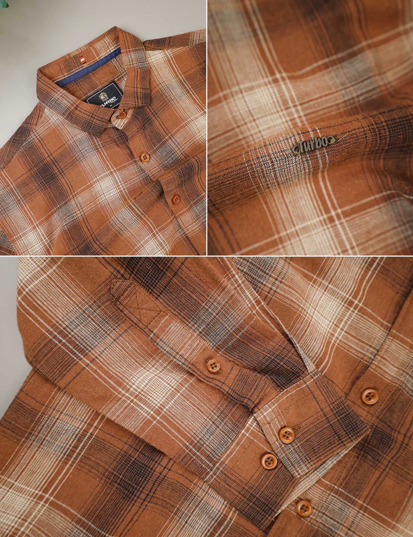 Turbo Tribe Premium Flannel Long Sleeve Cotton Casual Shirt In Rust Brown