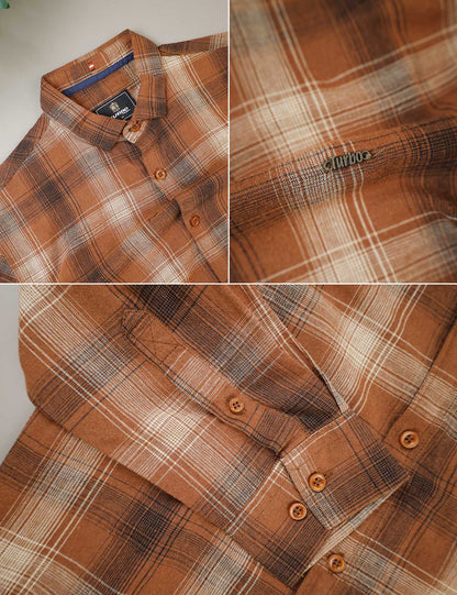 Turbo Tribe Premium Flannel Long Sleeve Cotton Casual Shirt In Rust Brown