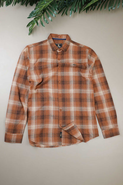 Turbo Tribe Premium Flannel Long Sleeve Cotton Casual Shirt In Rust Brown
