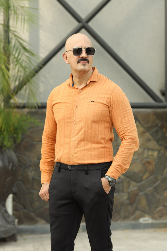 Turbo Self Stripe Motif Long Sleeve Cotton Casual Shirt In Mustard