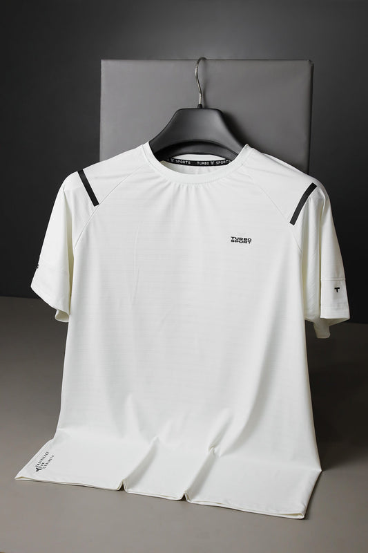 Turbo Sport Shoulder Striped Breathable Dry-Fit Tee In White