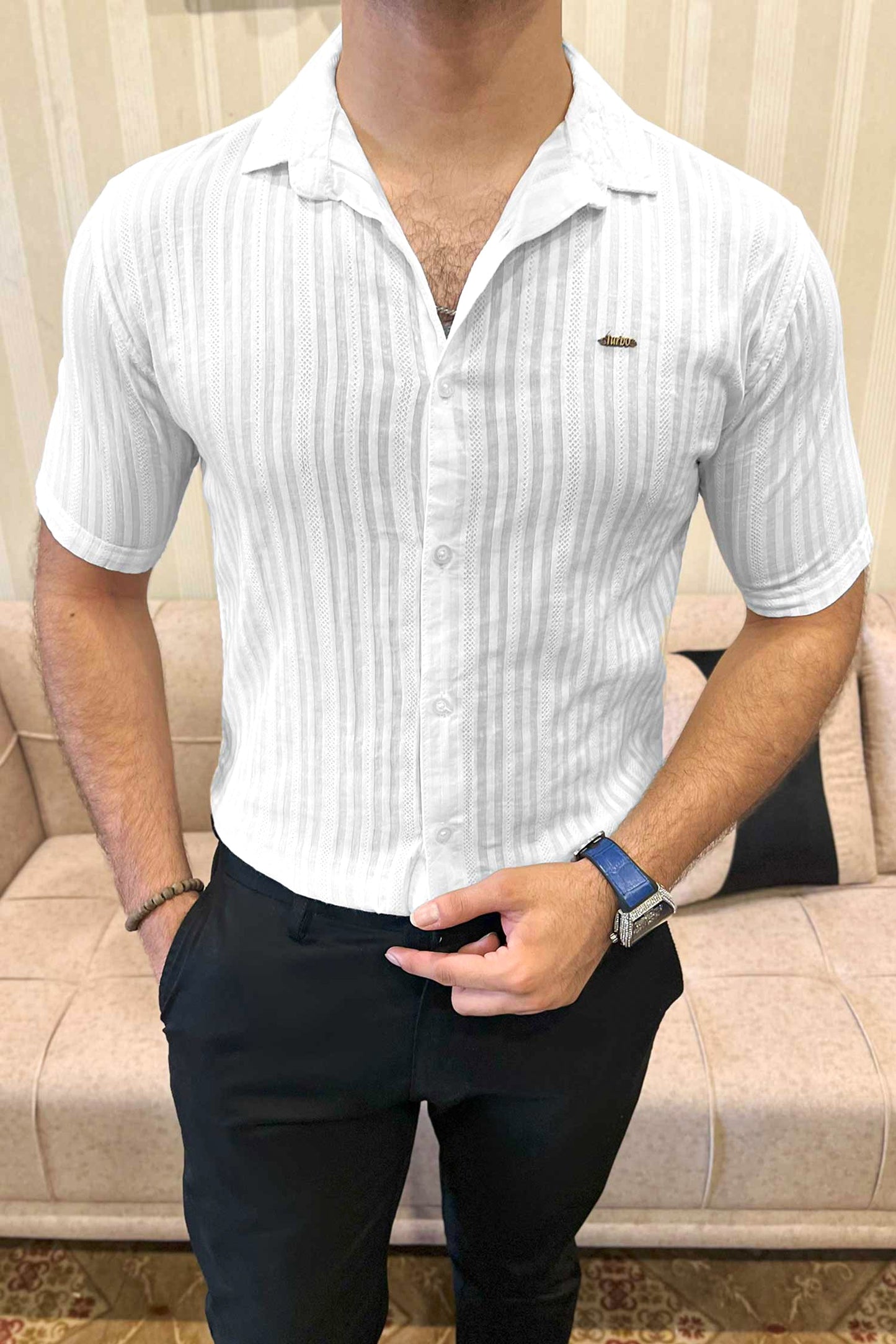 Turbo Minimalist Design Half Sleeve Casual Shirt In White