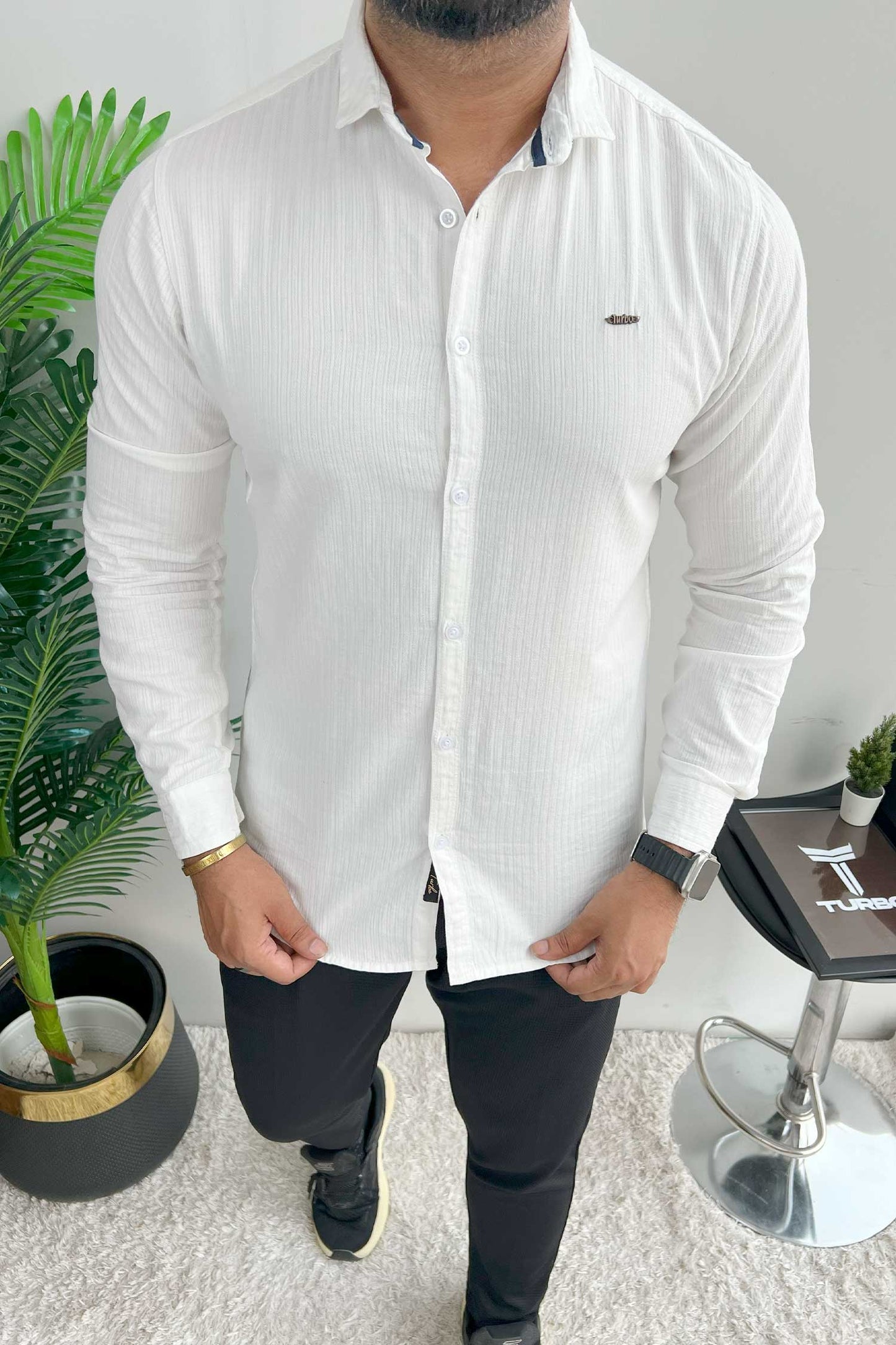 Turbo Organic MonoChromatic Long Sleeve Cotton Casual Shirt in White